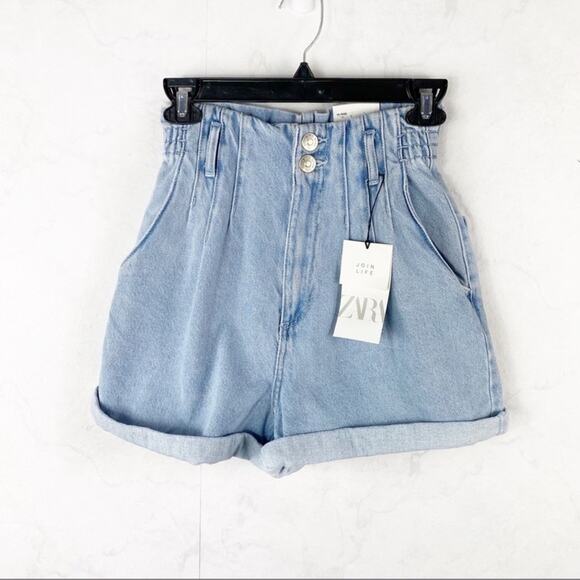 Zara Denim Paperbag High Waist Bermuda Shorts NWT - Picture 1 of 5